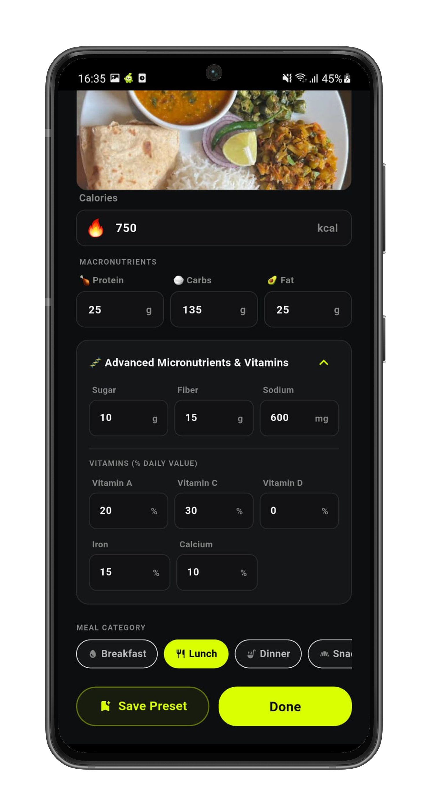 Zivo Food Logging Screen 2